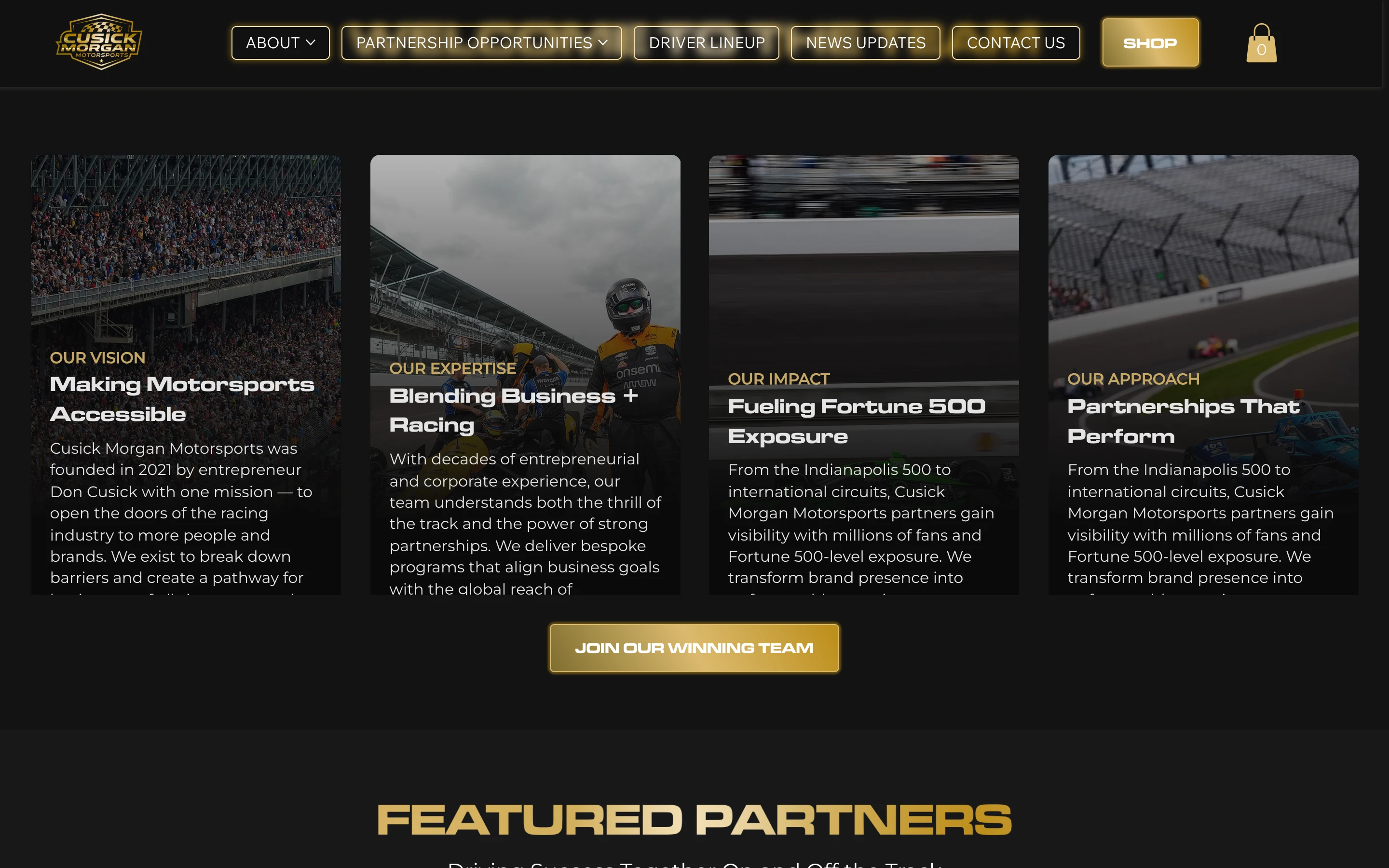 Cusick Morgan Motorsports — partnership and program sections